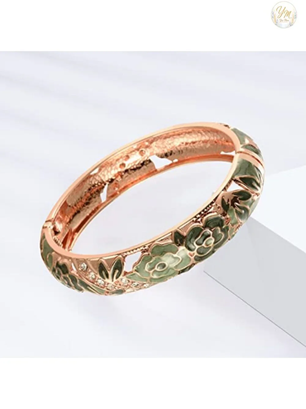Cloisonne Enamel Rhinestone Rose Hinged Cuff Bracelet Set of 2 Alloy